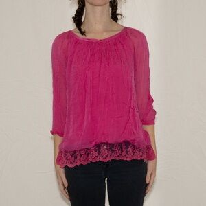 Hot pink silk blouse boat neck with lace trim size small nicole